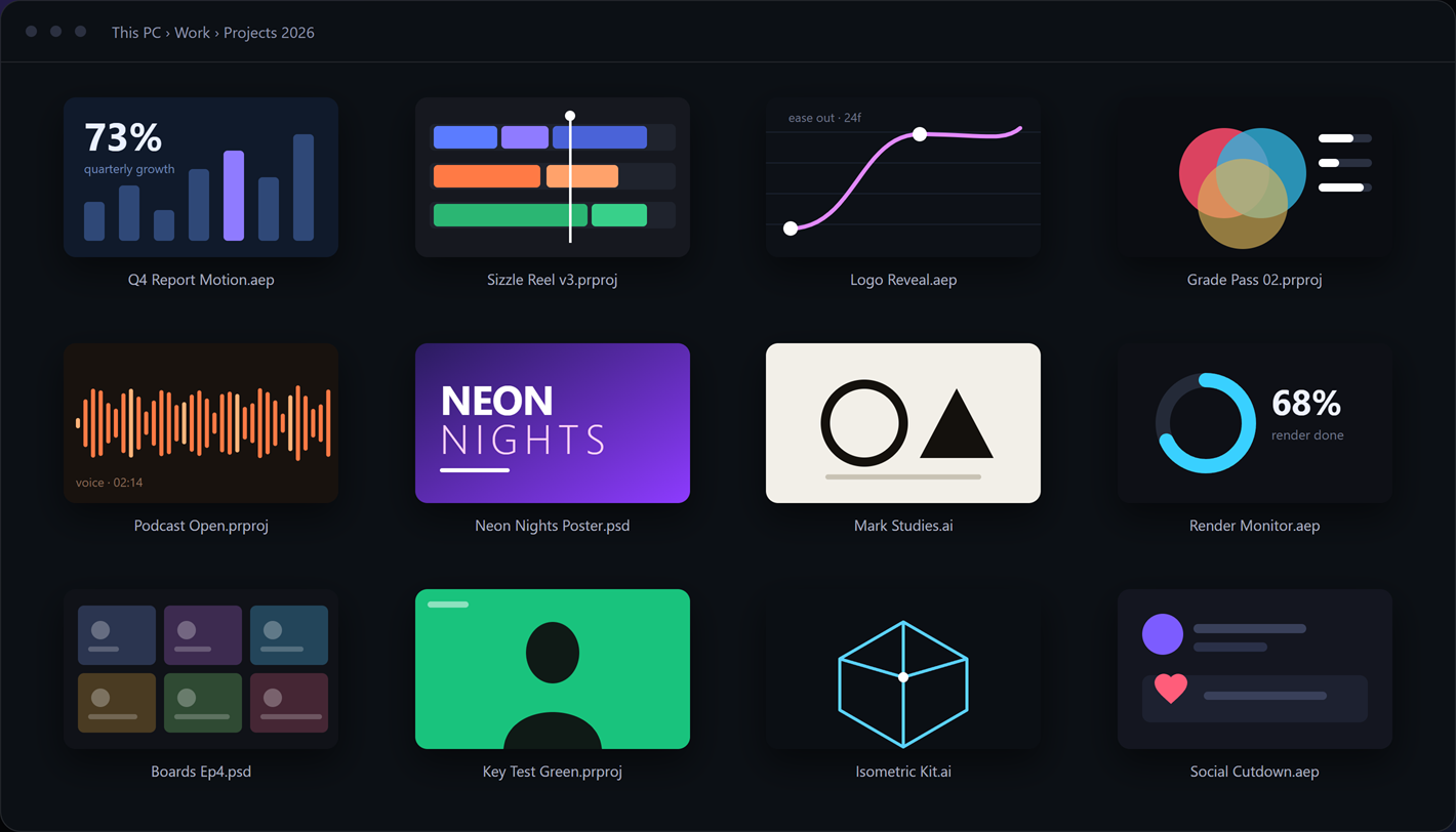 The same folder, every project showing its own preview