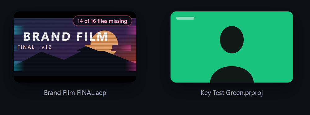 A project card with a glitch and a 14 of 16 files missing tag, next to a healthy one