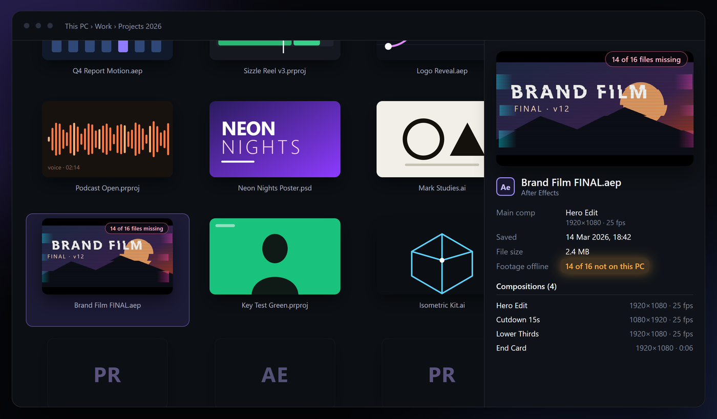 The preview pane for the broken project, with footage offline in orange and every composition